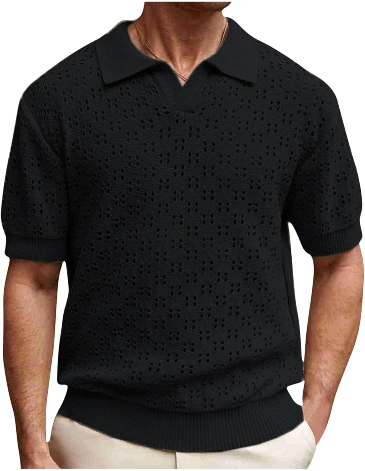 

Мужская вязаная поло с коротким рукавом и V-образным вырезом