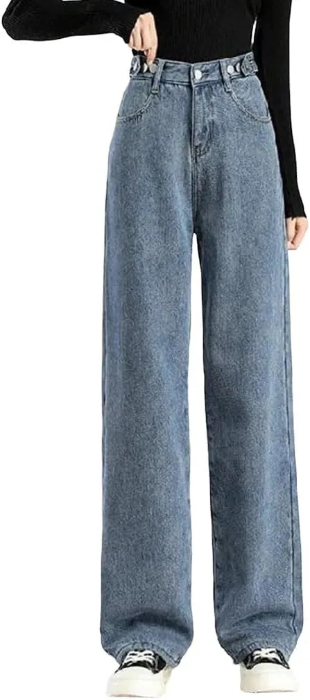 

Женские джинсы с высокой талией и широкими штанинами, утепленные флисом, свободного кроя в корейском стиле, эластичные, для зимы