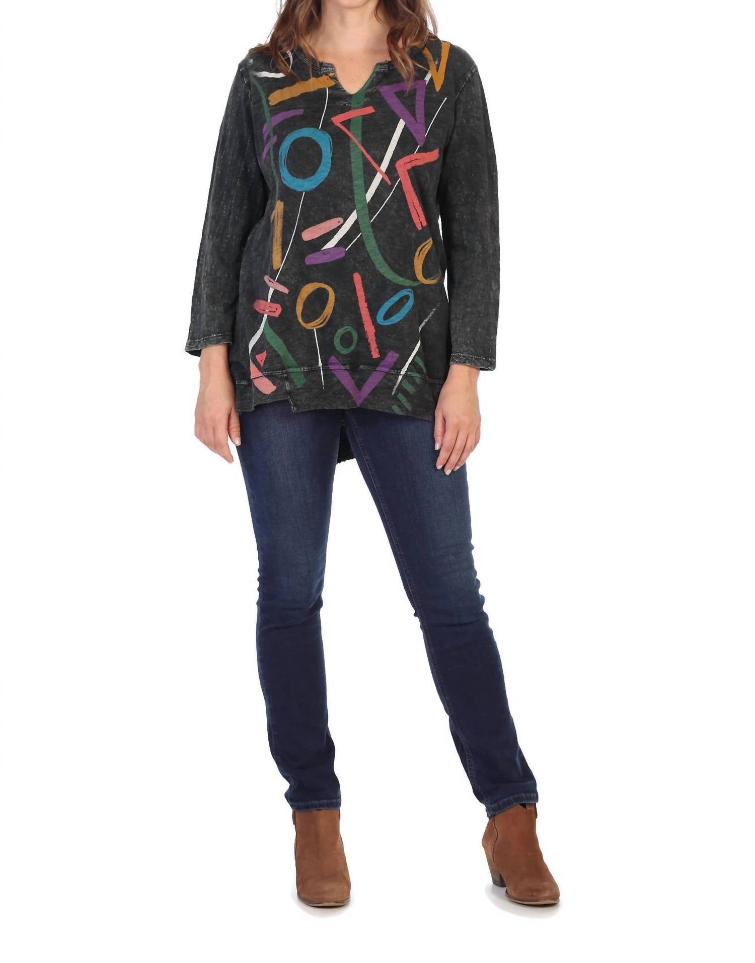 

Туника с V-образным вырезом и отделкой из минеральной ткани Highlight, черного цвета Jess & Jane, черный