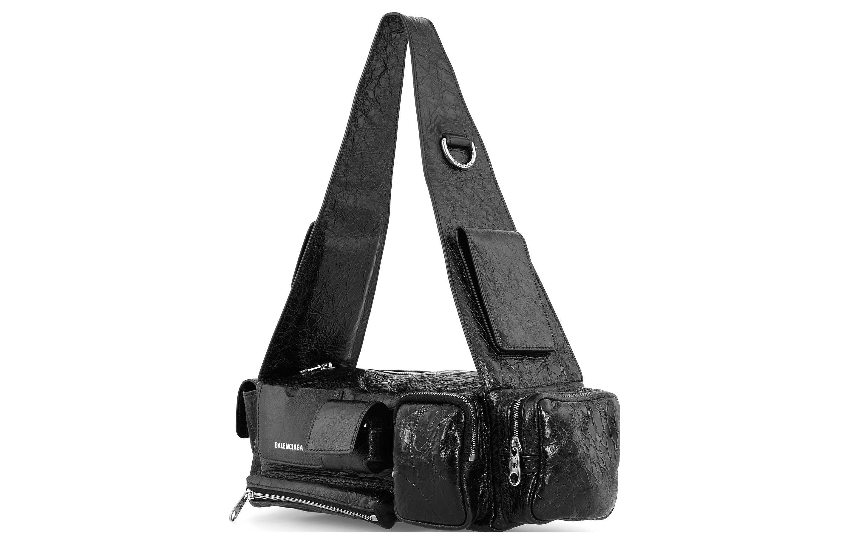 Сумка Balenciaga женская черная из тонкой овчины с тканевыми вставками, через плечо — фото 2