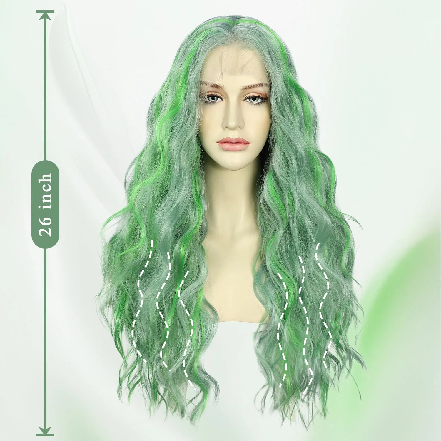 Зеленый синтетический парик «Wavy» с кружевной фронтальной частью от Sapphirewigs, 61 см Sapphirewigs, Green Highlights — фото 2