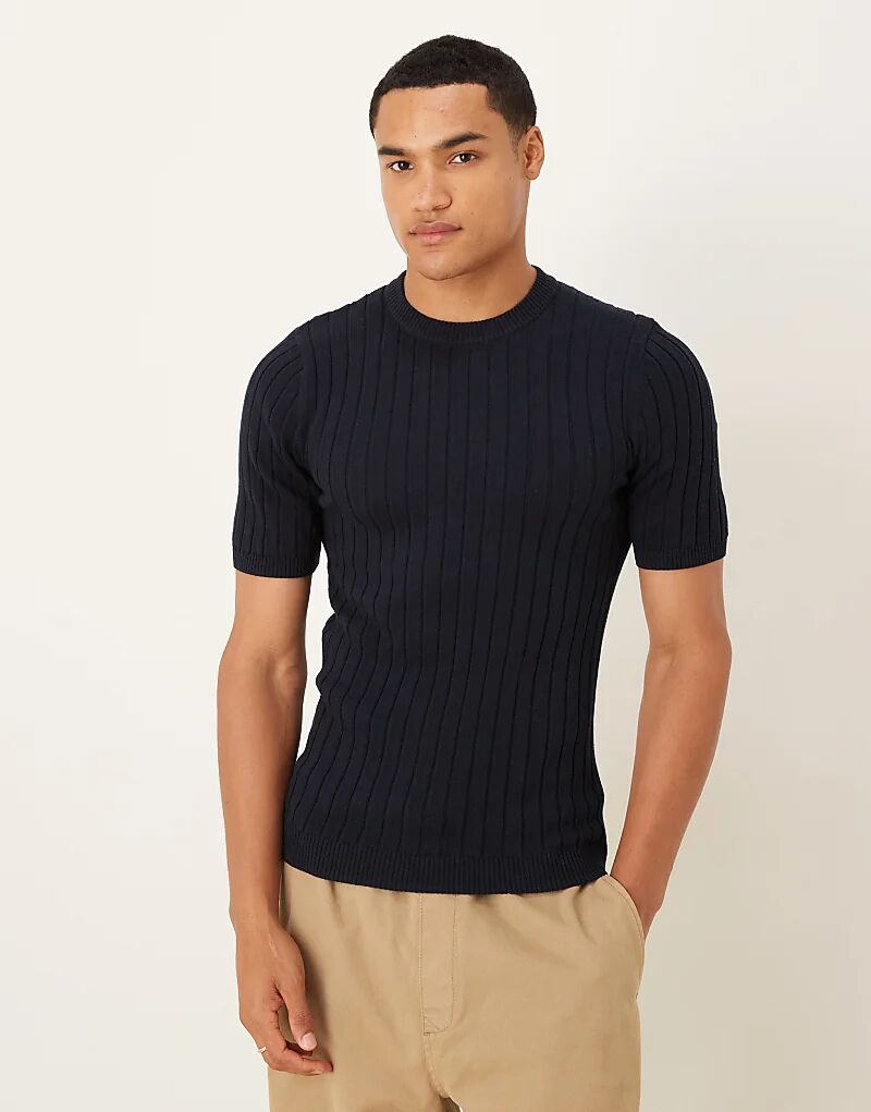 

Футболка ASOS DESIGN muscle fit из легкой трикотажной ткани в рубчик темно-синего цвета