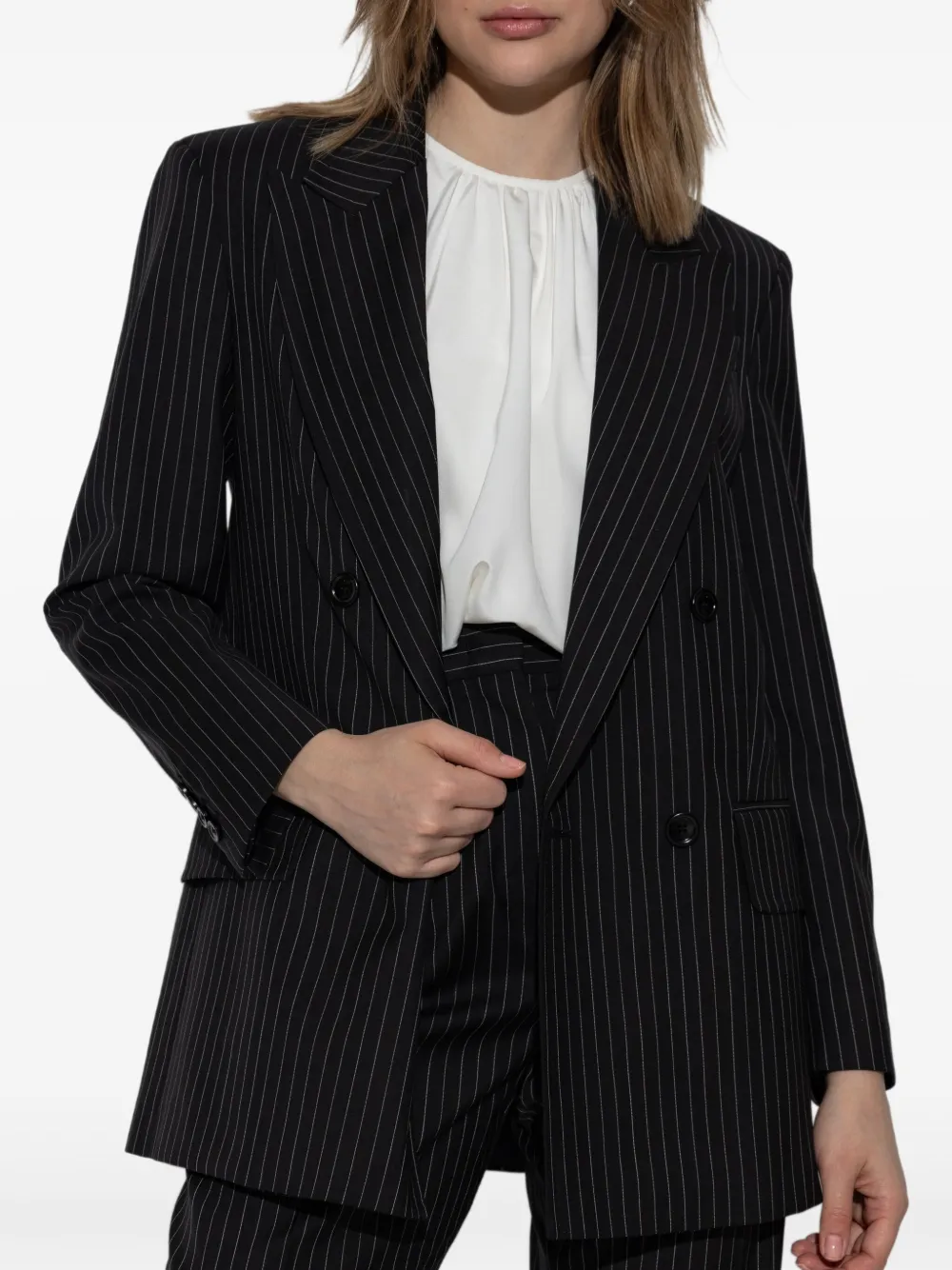 Двубортный пиджак в тонкую полоску MAX MARA, черный — фото 3