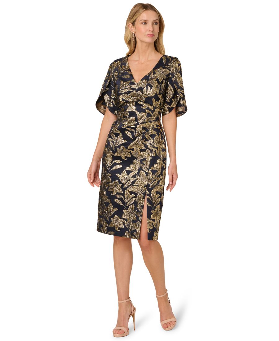 

Женское короткое платье из эластичного жаккарда с V-образным вырезом Adrianna Papell, Navy/Gold