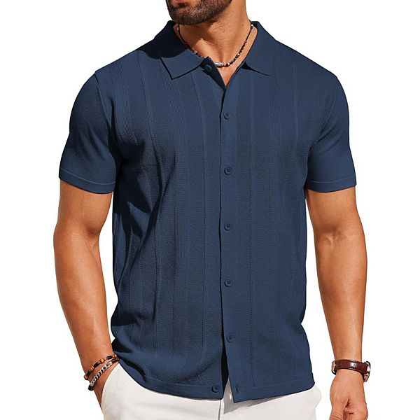 

Мужская вязаная рубашка с коротким рукавом на пуговицах casual лето пляж vintage polo Coofandy, Navy Blue