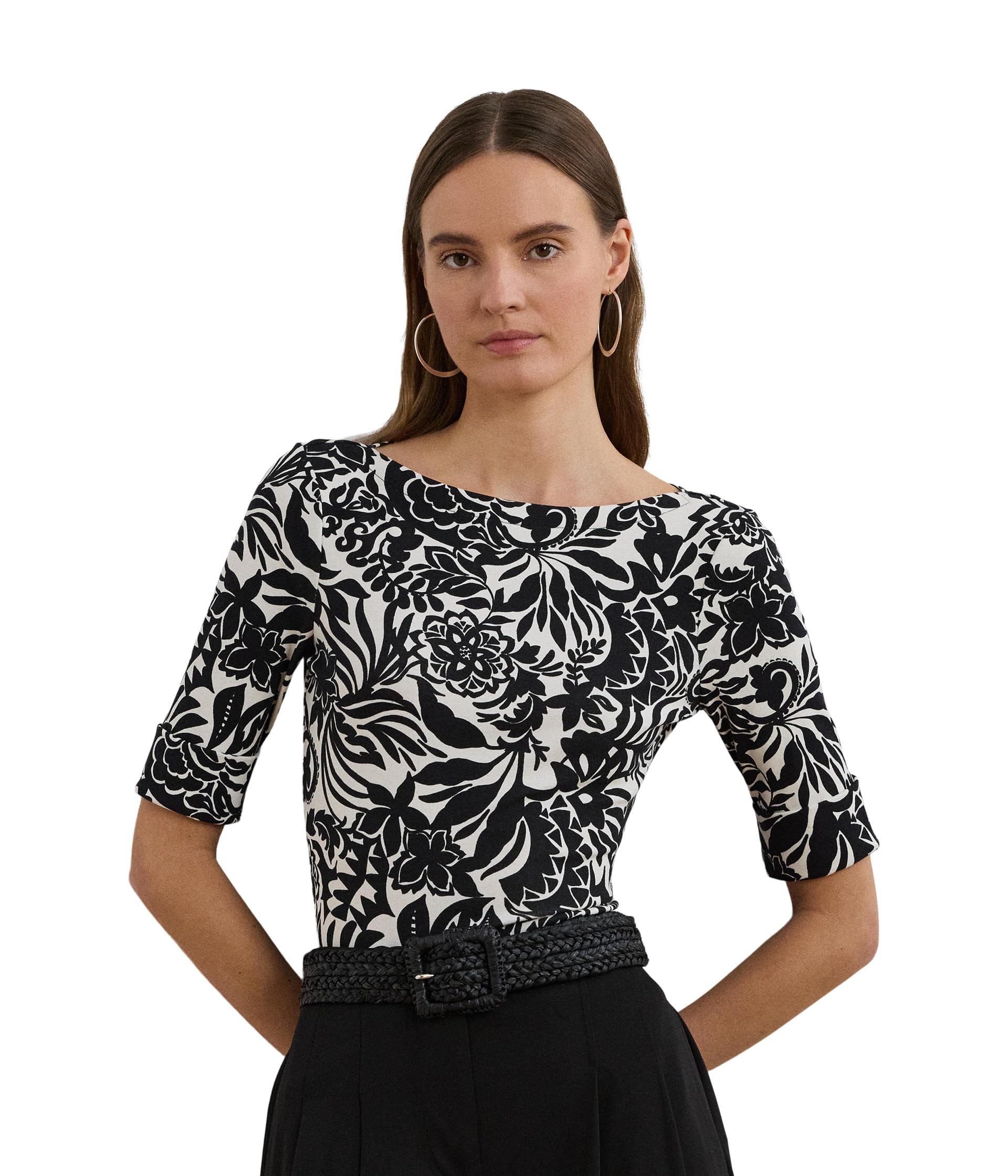

Футболка Lauren Ralph Lauren Floral Stretch Cotton Boatneck Tee, Cream/Black
