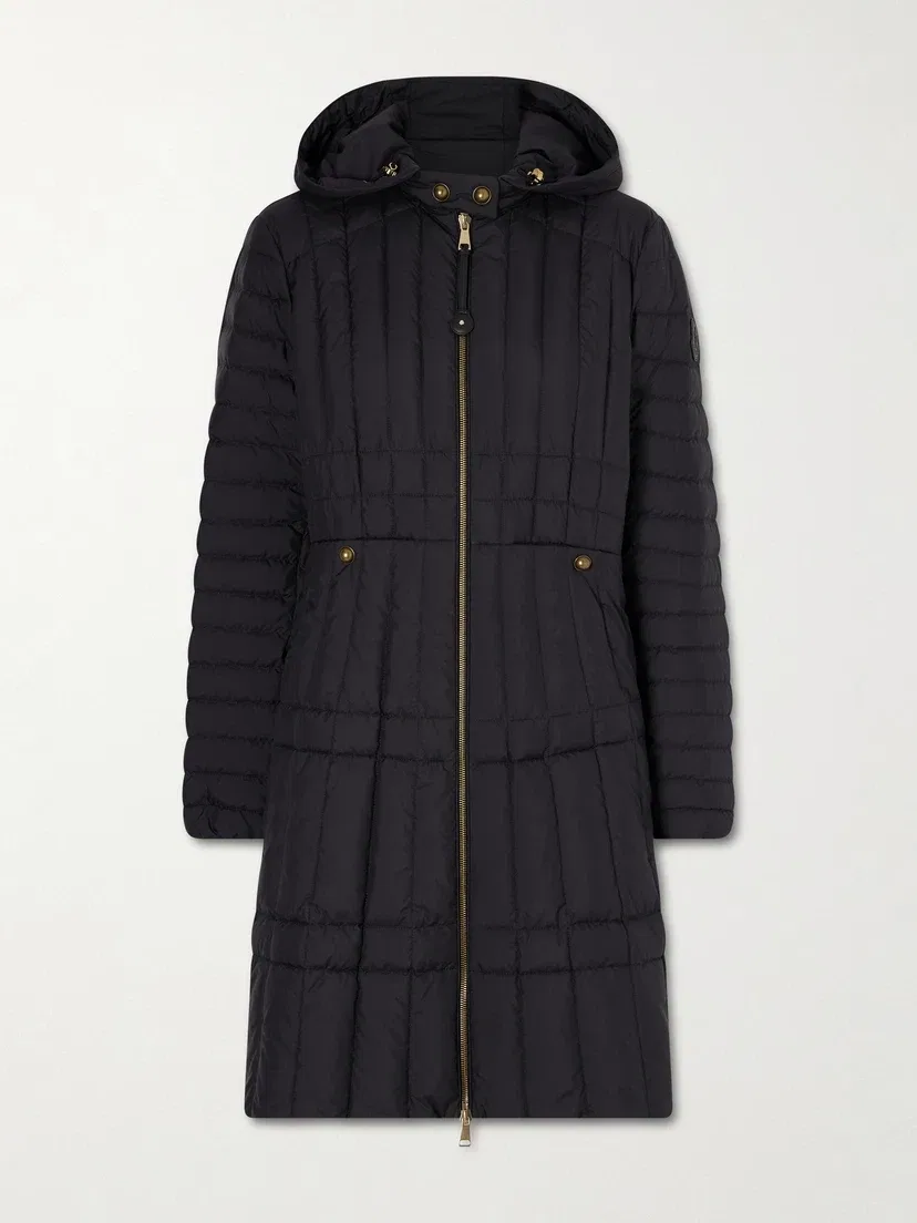 Стеганое пуховое пальто из ракушки с капюшоном и аппликацией MONCLER, черный