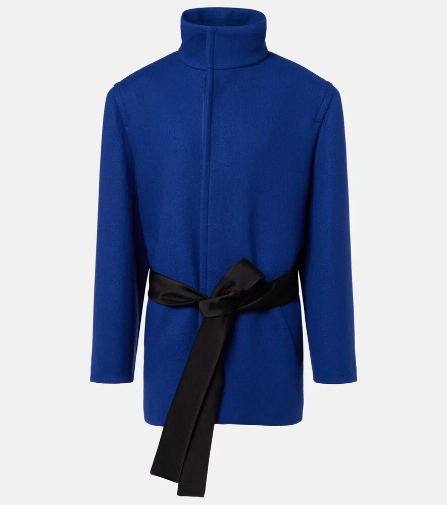 Шерстяное пальто с поясом и шелковой отделкой Saint Laurent, синий