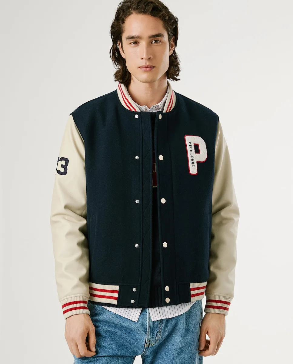 

Мужская бомбер-куртка в стиле varsity с пуговицами Pepe Jeans, темно-синий
