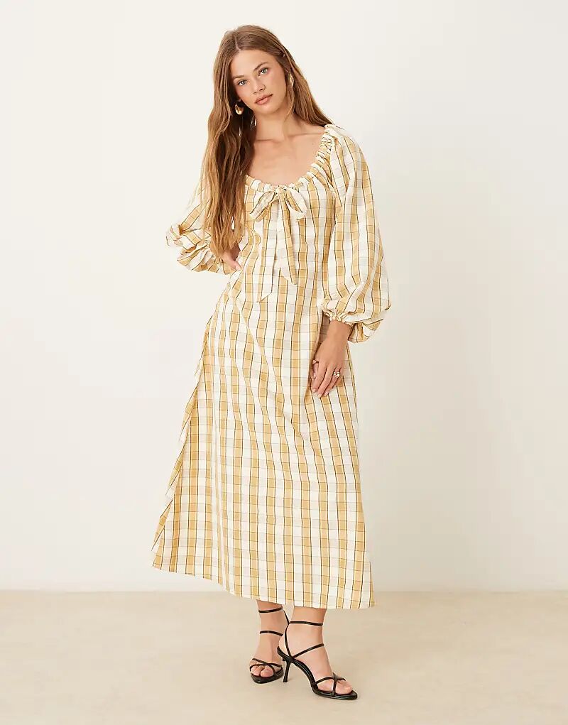 

Glamorous платье миди со сборками на горловине в бежево-кремовую клетку