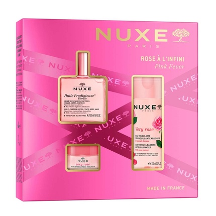 

Набор Pink Fever включает в себя сухое масло Huile Prodigieuse Florale 50 мл, успокаивающую мицеллярную воду Very Rose 100 мл и розовый бальзам для губ Very Rose 15 г. Nuxe