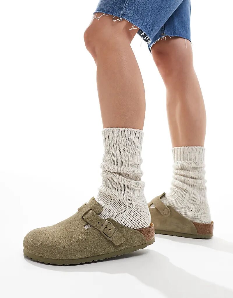 Босоножки Birkenstock Unisex Boston из выцветшей замши цвета хаки