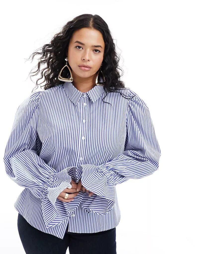 

Мягкая рубашка в синюю полоску ASOS DESIGN Curve с объемными рукавами и рюшами на манжетах, Серый, Мягкая рубашка в синюю полоску ASOS DESIGN Curve с объемными рукавами и рюшами на манжетах