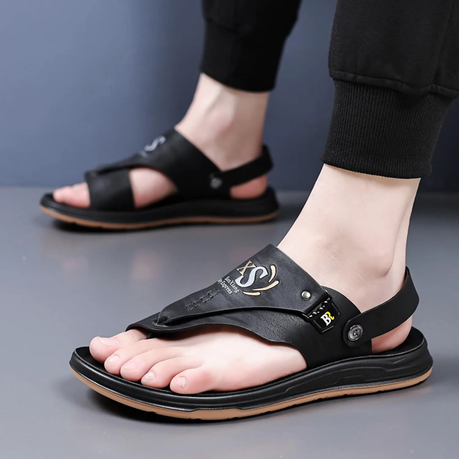 Летние мягкие сандалии при плантарном фасциите для мужчин, стильные сланцы-корректоры большого пальца с поддержкой свода стопы, пляжные и туристические шлепанцы при вальгусе стопы WCXTY, черный — фото 3