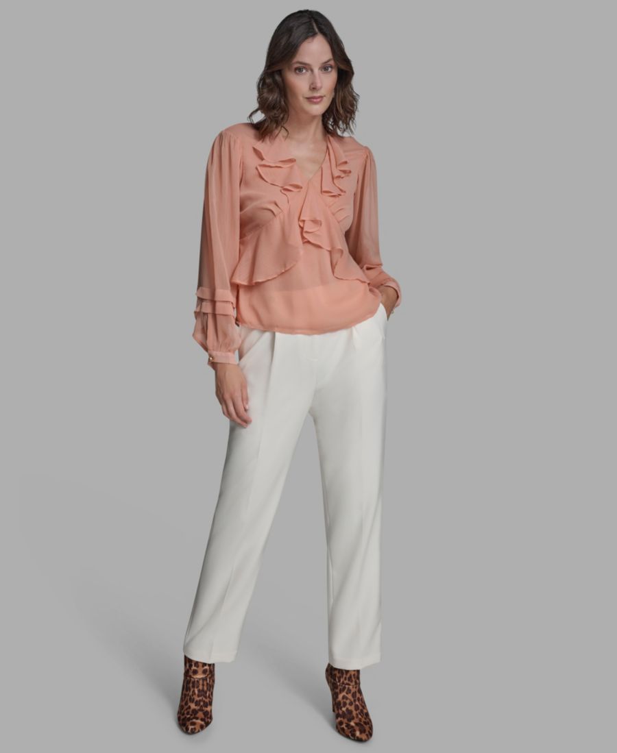 

Женская блузка с длинными рукавами, оборками и V-образным вырезом BCBG, Vintage Rose