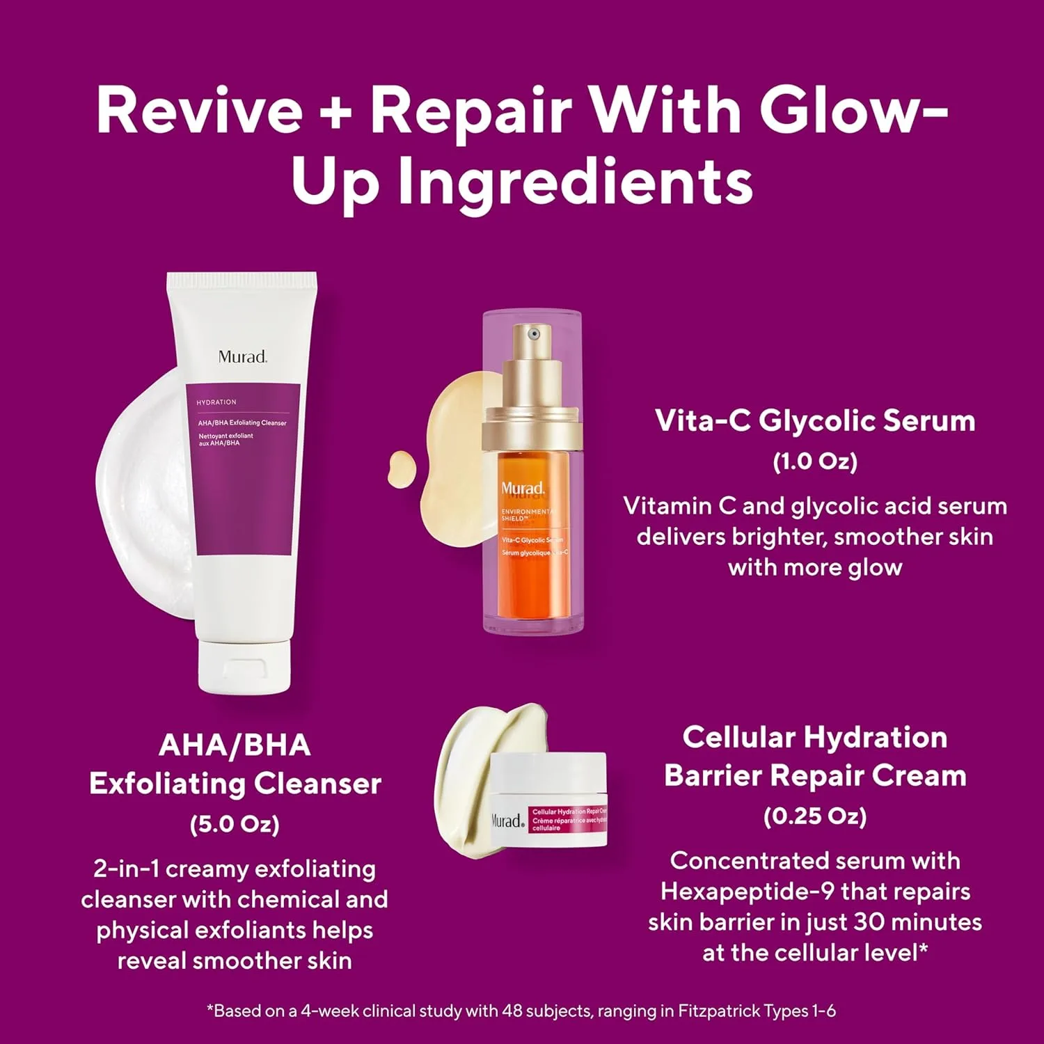 Murad Revive + Repair с Glow Up Ingredients - набор из 3 предметов  для здоровья кожи: AHA/BHA очищающее средство 150 мл, сыворотка с гликолевой кислотой 30 мл, крем для клеточного увлажнения 7 мл — фото 2