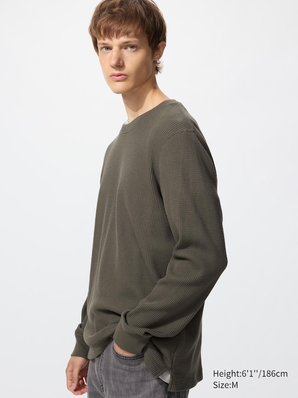 

Футболка с вафельной текстурой, круглый вырез, длинный рукав Uniqlo, 57 olive, Хаки, Футболка с вафельной текстурой, круглый вырез, длинный рукав Uniqlo, 57 olive
