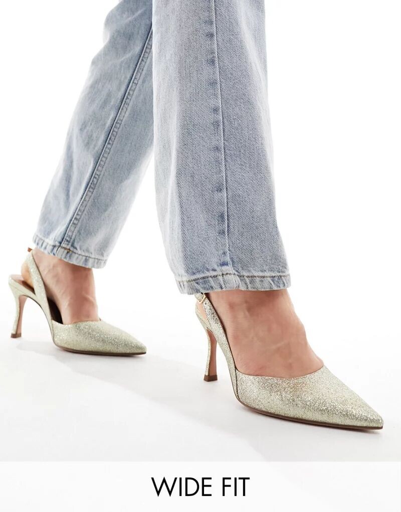 ASOS Wide Fit Туфли на шпильке с блестящим золотом Samber 2 и ремешком сзади, широкая посадка