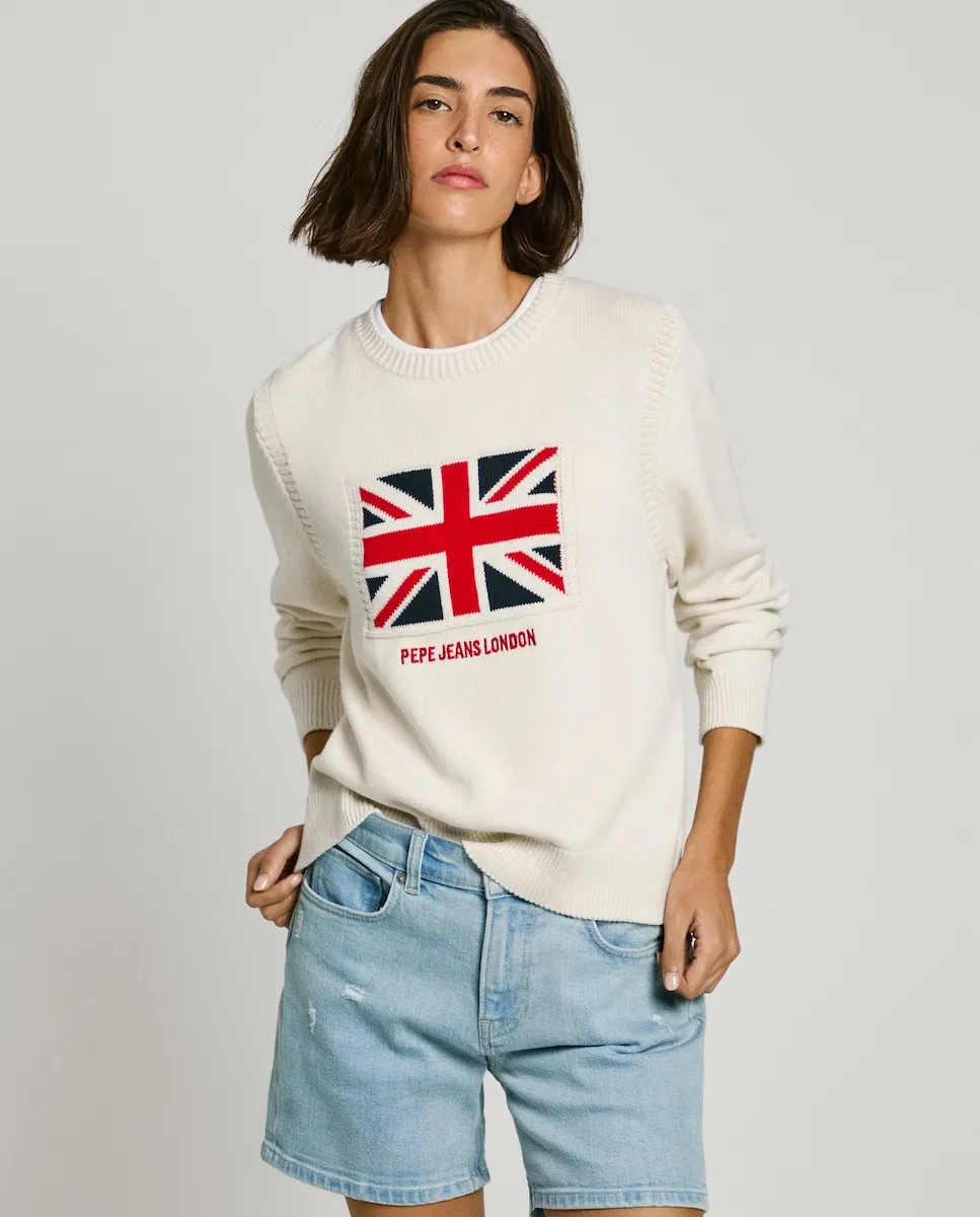 

Женский свитер с круглым вырезом и флагом Великобритании Pepe Jeans, кремовый