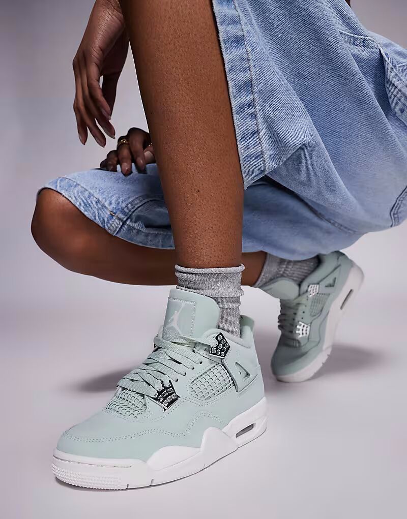 Кроссовки Nike Air Jordan 4 Retro зеленого и серебристого цветов — фото 3