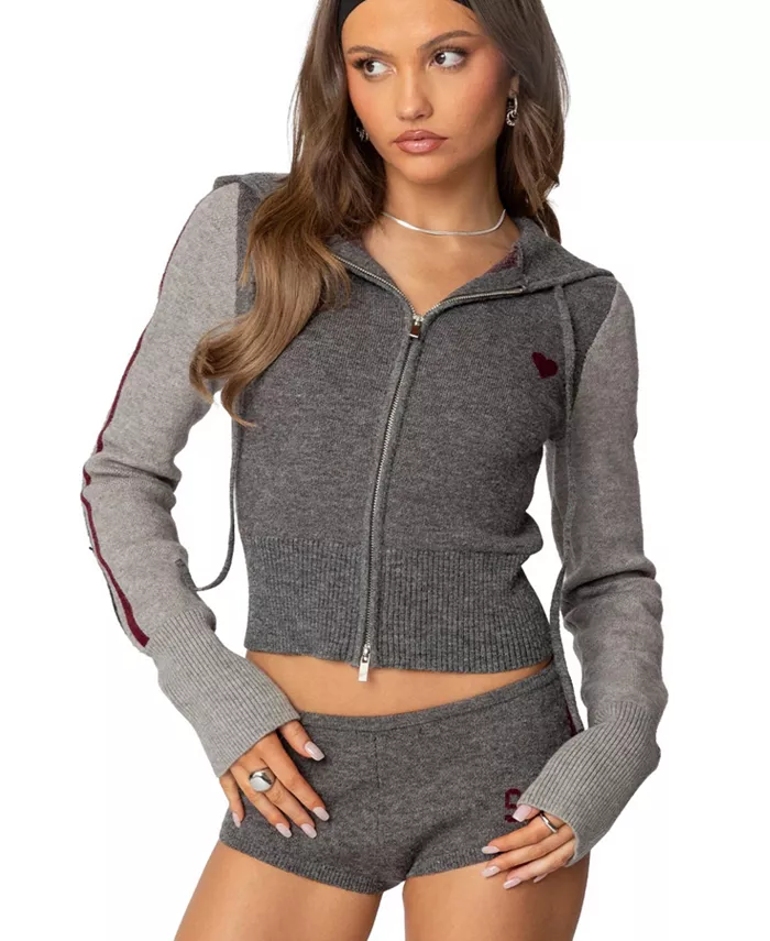 

Женская толстовка с капюшоном Heart Knit на молнии Edikted, серый