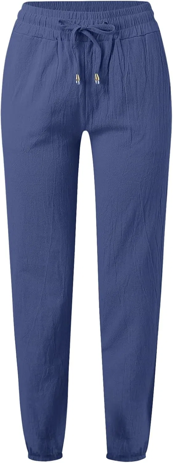 Штаны женские с высокой талией, широкие, Cotton Linen, A02_blue — фото 3