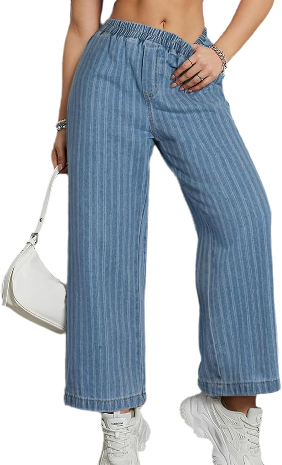 

Женские мешковатые джинсы в полоску с высокой талией и эластичным поясом Xadsfeel