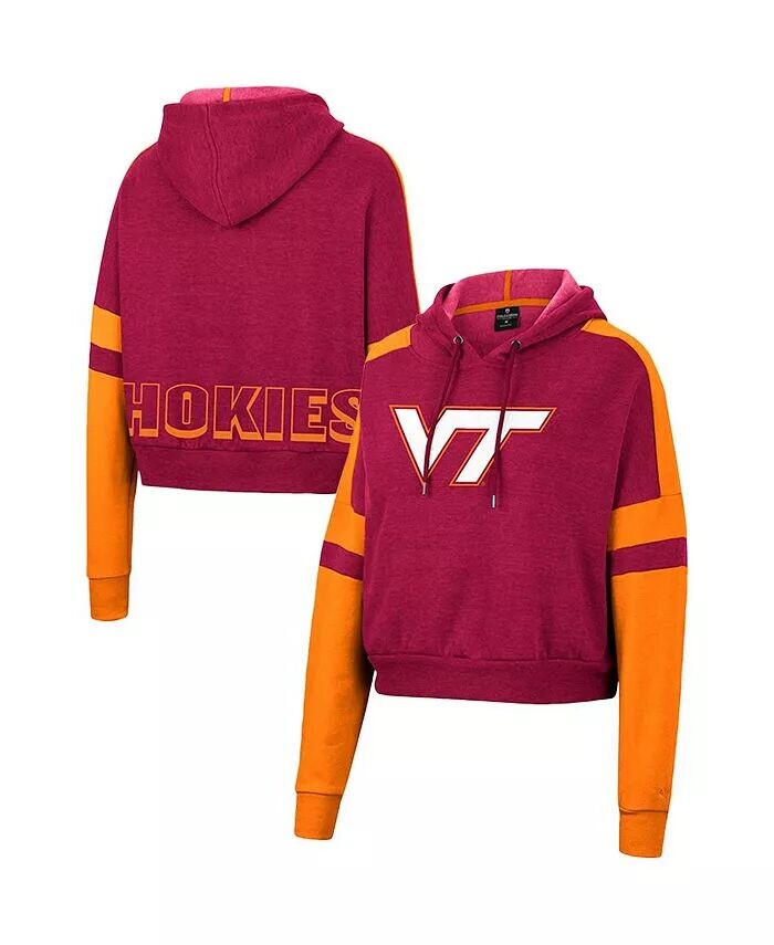 

Женский укороченный пуловер с капюшоном и логотипом Heather Maroon Virginia Tech Hokies Throwback Stripe Arch Logo Colosseum