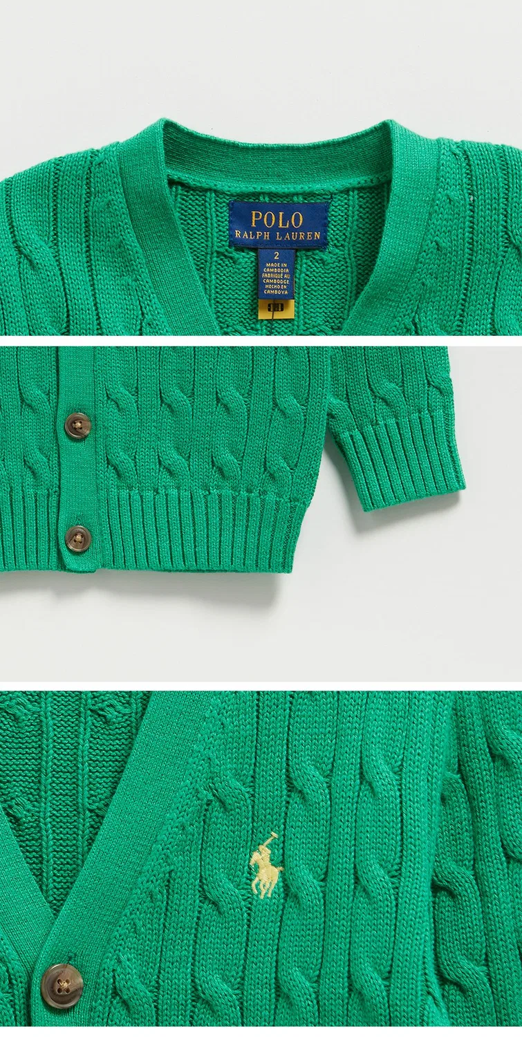 Детский зелёный хлопковый кардиган с V-образным вырезом от Polo Ralph Lauren Children — фото 4