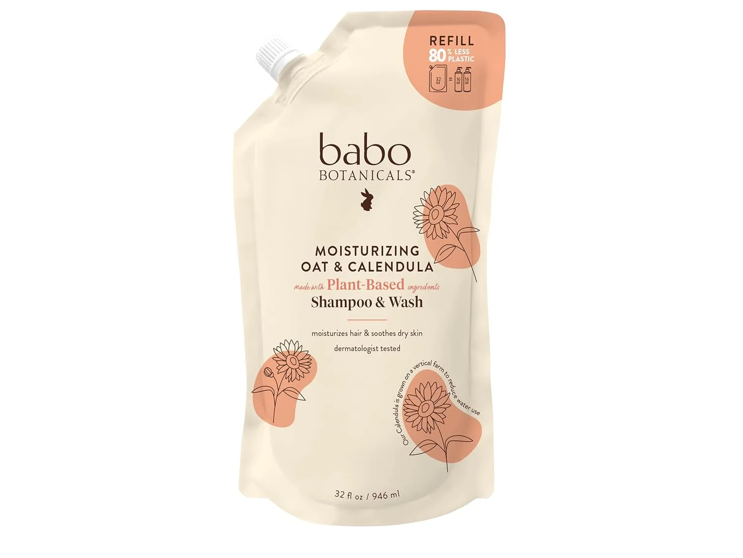 Babo Botanicals Moisturizing Oat & Calendula 2-in-1 шампунь и гель для душа - мягкое очищение для сухой или чувствительной кожи - безопасно для малышей, детей и всей семьи - легкий аромат - Vegan 946 мл (1 шт.)