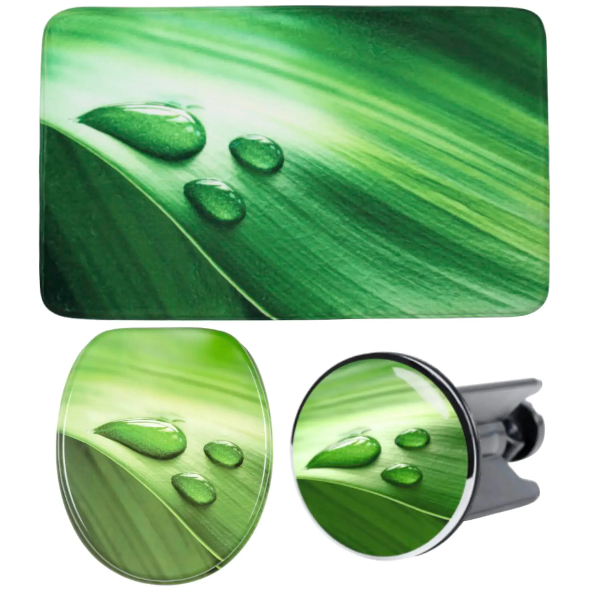 

Набор аксессуаров для ванной комнаты Sanilo «Green Leaf», (полный комплект, 3 предмета), состоящий из сиденья для унитаза, коврика для ванной и пробки для раковины, зеленый