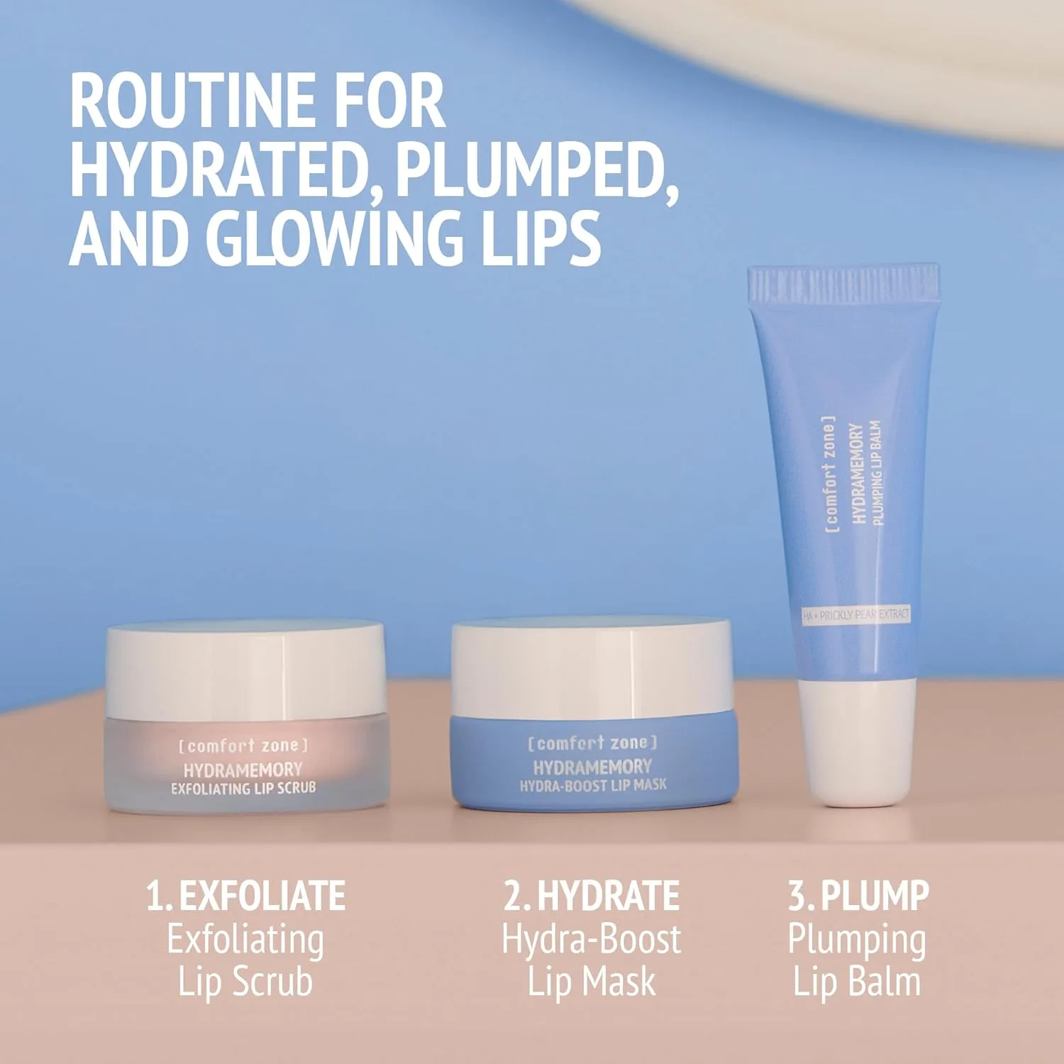 [ comfort zone ] Hydramemory Lip Trio, увлажняющий 3-шаговый уход для губ с бальзамом Plumping Lip Balm, маской Hydra-Boost Lip Mask и скрабом Exfoliating Lip Scrub, 10 мл каждый (набор 3 шт) — фото 2