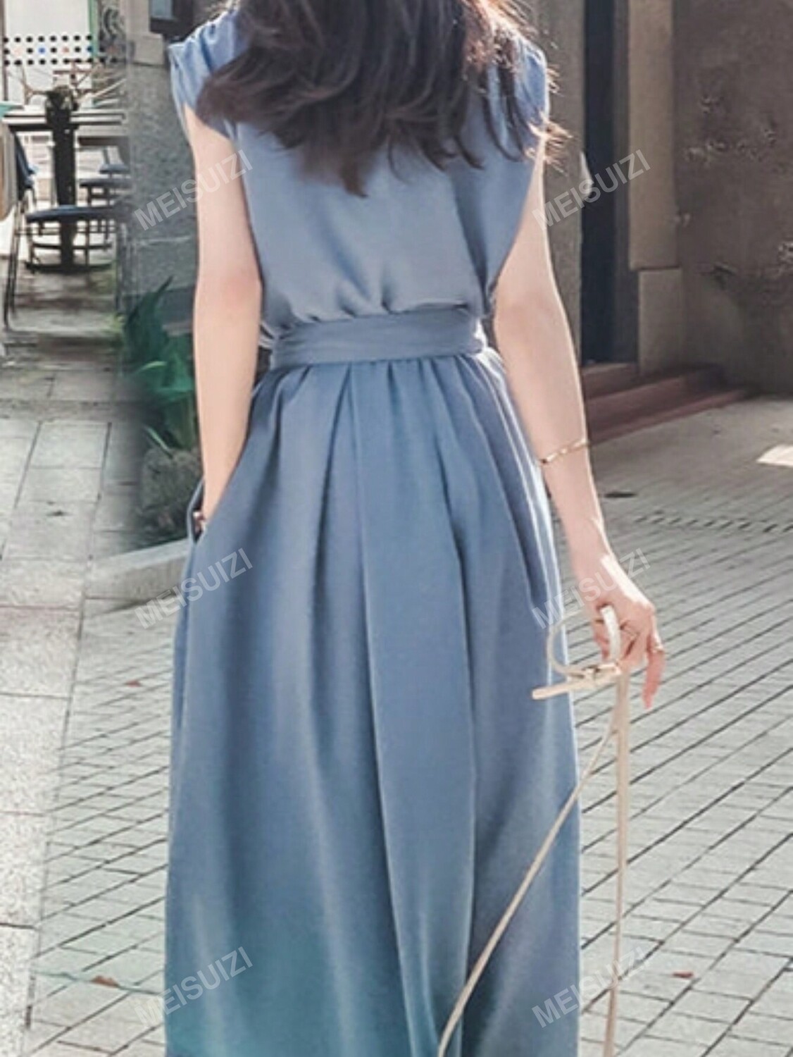 

Платье миди с узкой талией, короткими рукавами, застежкой на пуговицы спереди, для женщин, синий