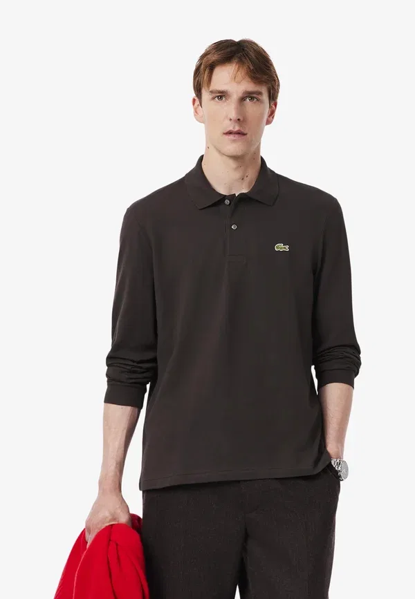 Поло Lacoste, длинный рукав, однотонное, коричневый