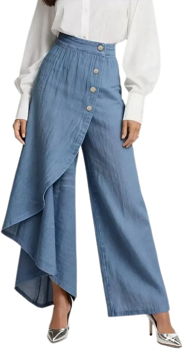 Джинсы с юбкой, высокая талия, Wrinkled Light Blue