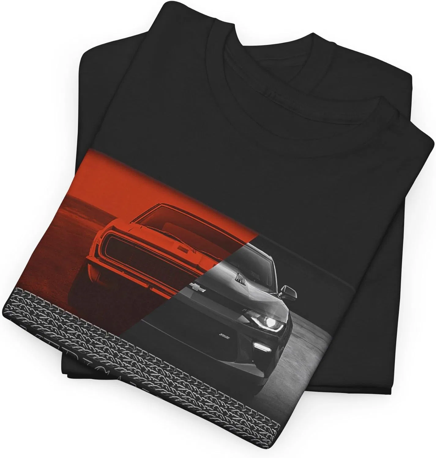 Футболка унисекс из плотного хлопка с изображением американского маслкара Camaro SS RS Classic Current Evolution — фото 3