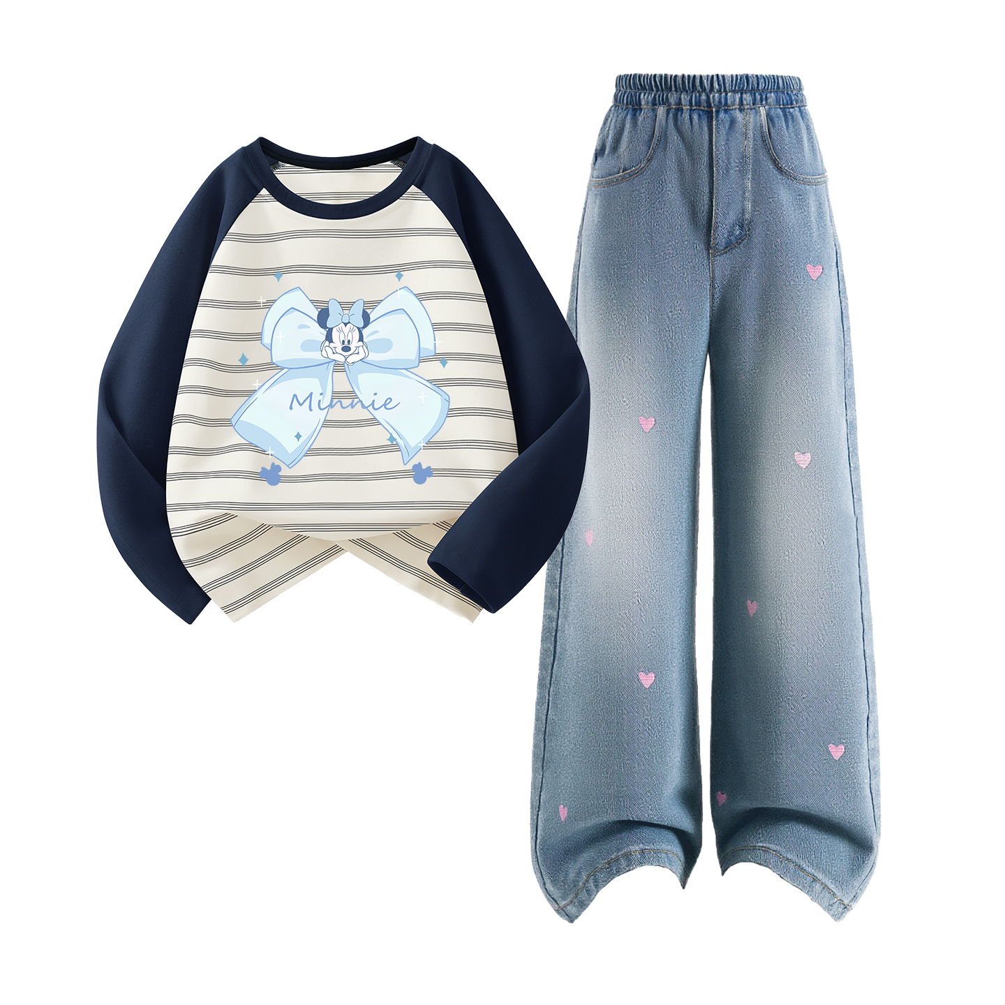 

Детская повседневная спортивная одежда Disney, Di Meng Jie Blue White+Solid Color Sea Salt Blue