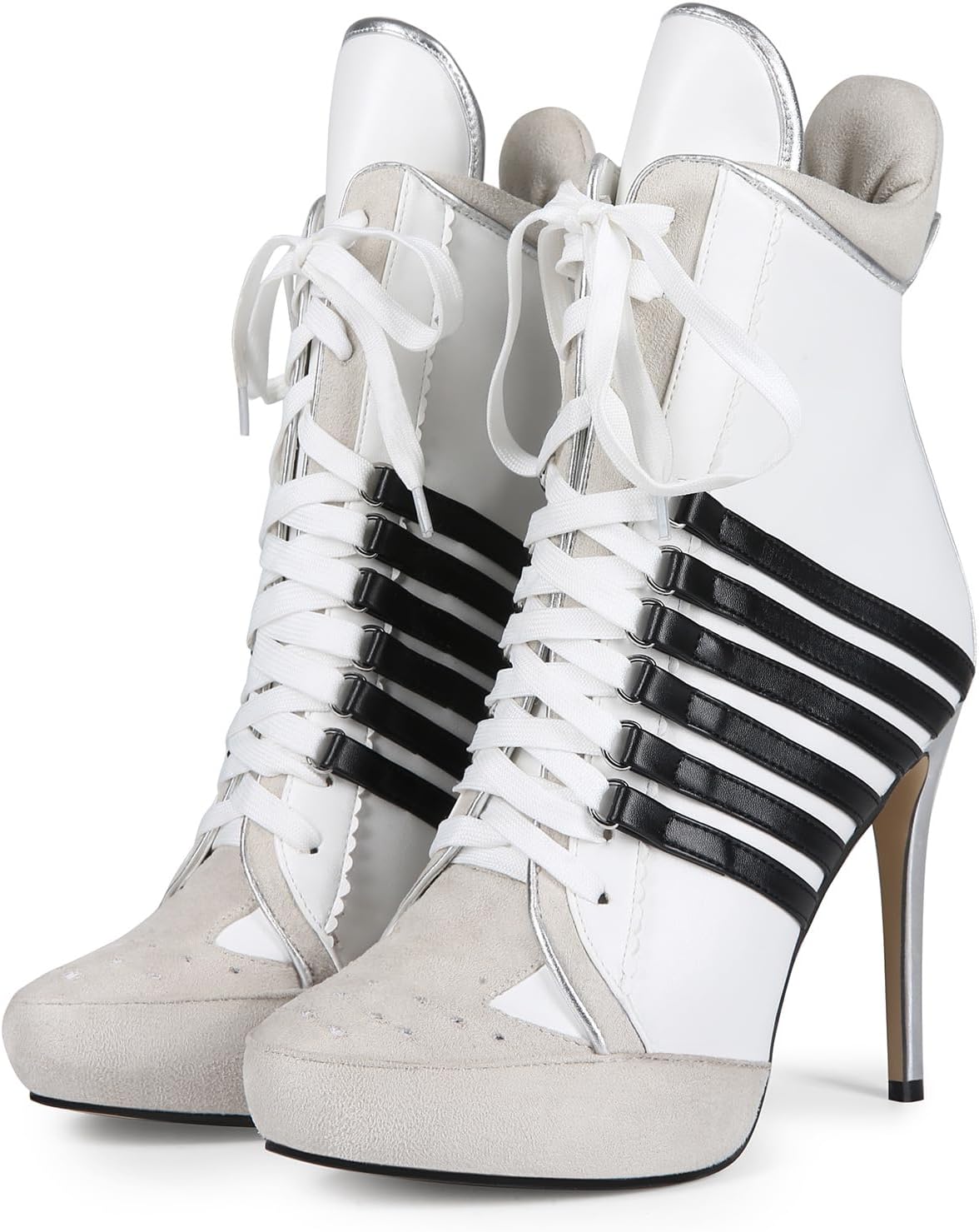 

Спортивные ботинки на шнуровке большого размера на шпильке из замши с кожаной отделкой и прострочкой, классические ботильоны-кроссовки для женщин и мужчин, удобные ботильоны на высоком каблуке без шнуровки Maiosfy, белый