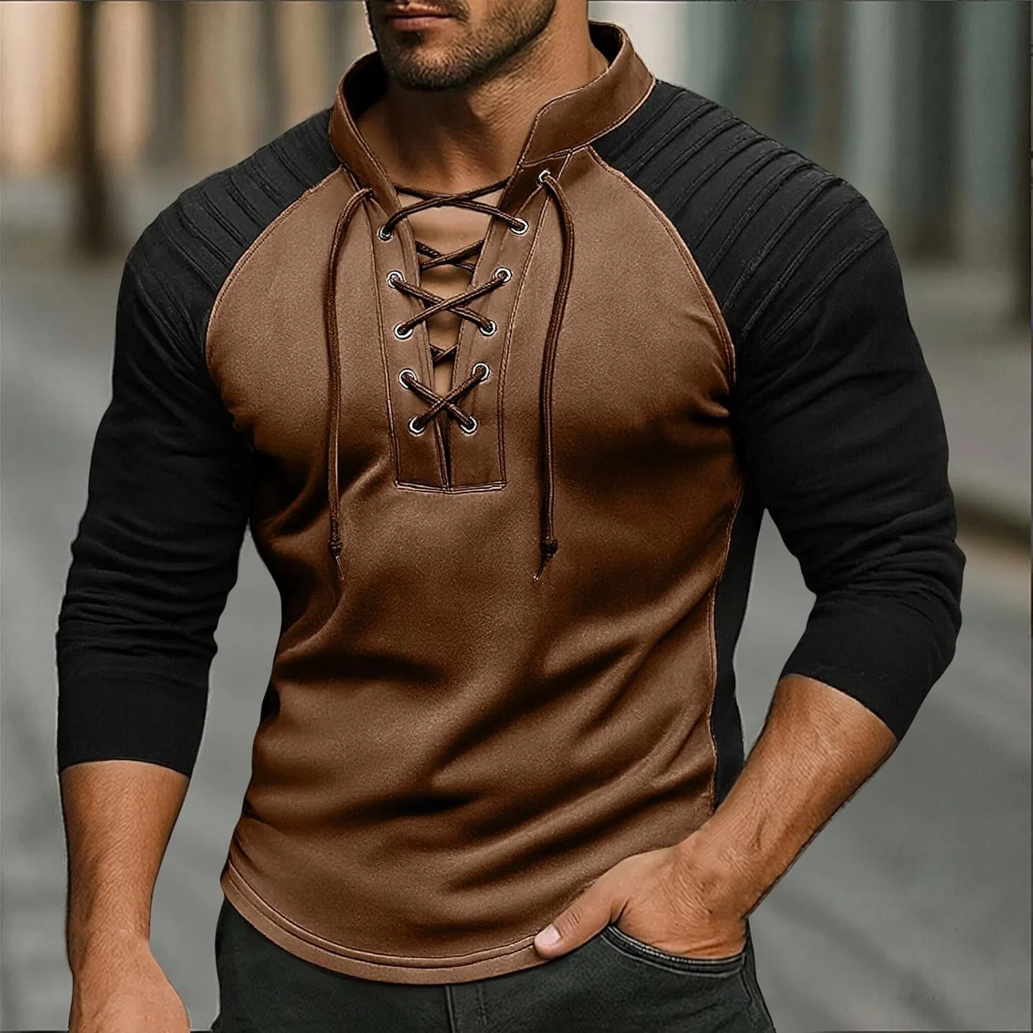 Мужская футболка с воротником-стойкой, slim fit, бренд Generic, коричневый — фото 2