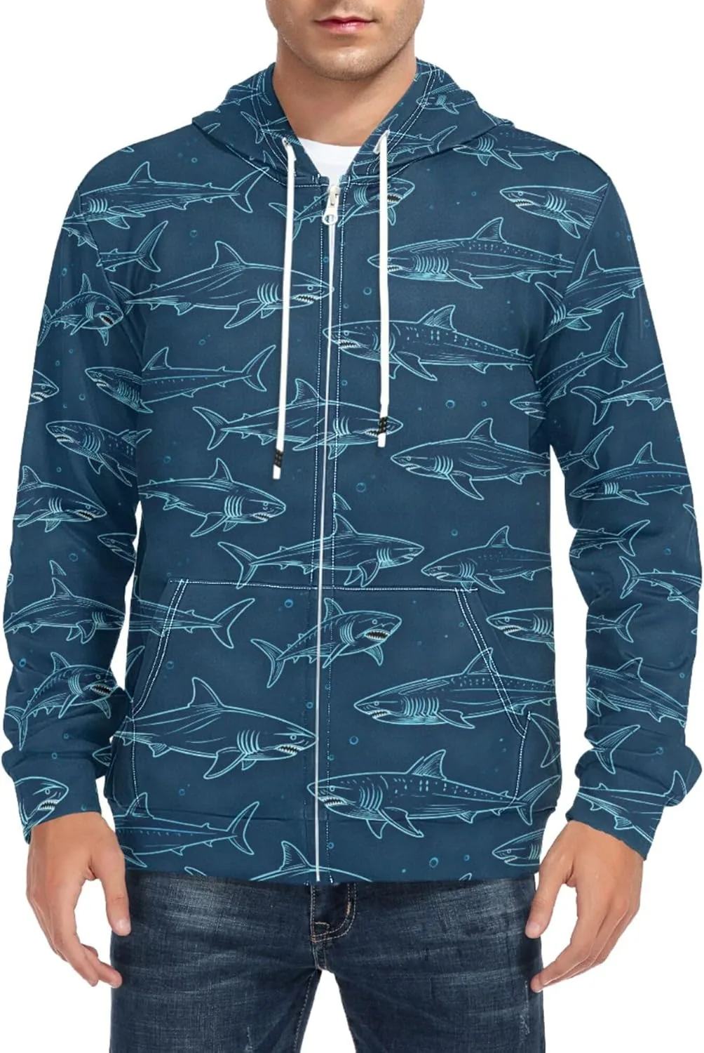 

Мужская толстовка с полной молнией Shark Blue Ocean Background с длинными рукавами и карманом CUPADA