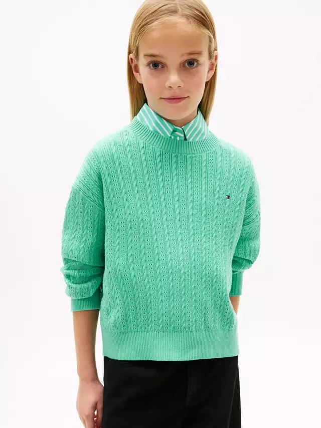 Детский хлопковый джемпер ажурной вязки с косами, ярко-зеленый Tommy Hilfiger