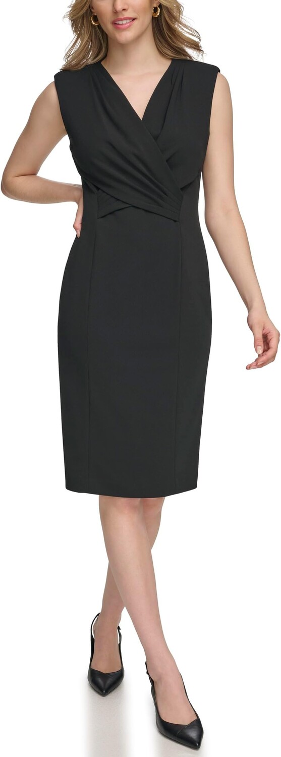 

Платье Calvin Klein Scuba Crepe V-Neck Short Sheath with Front Fold Detail, черный