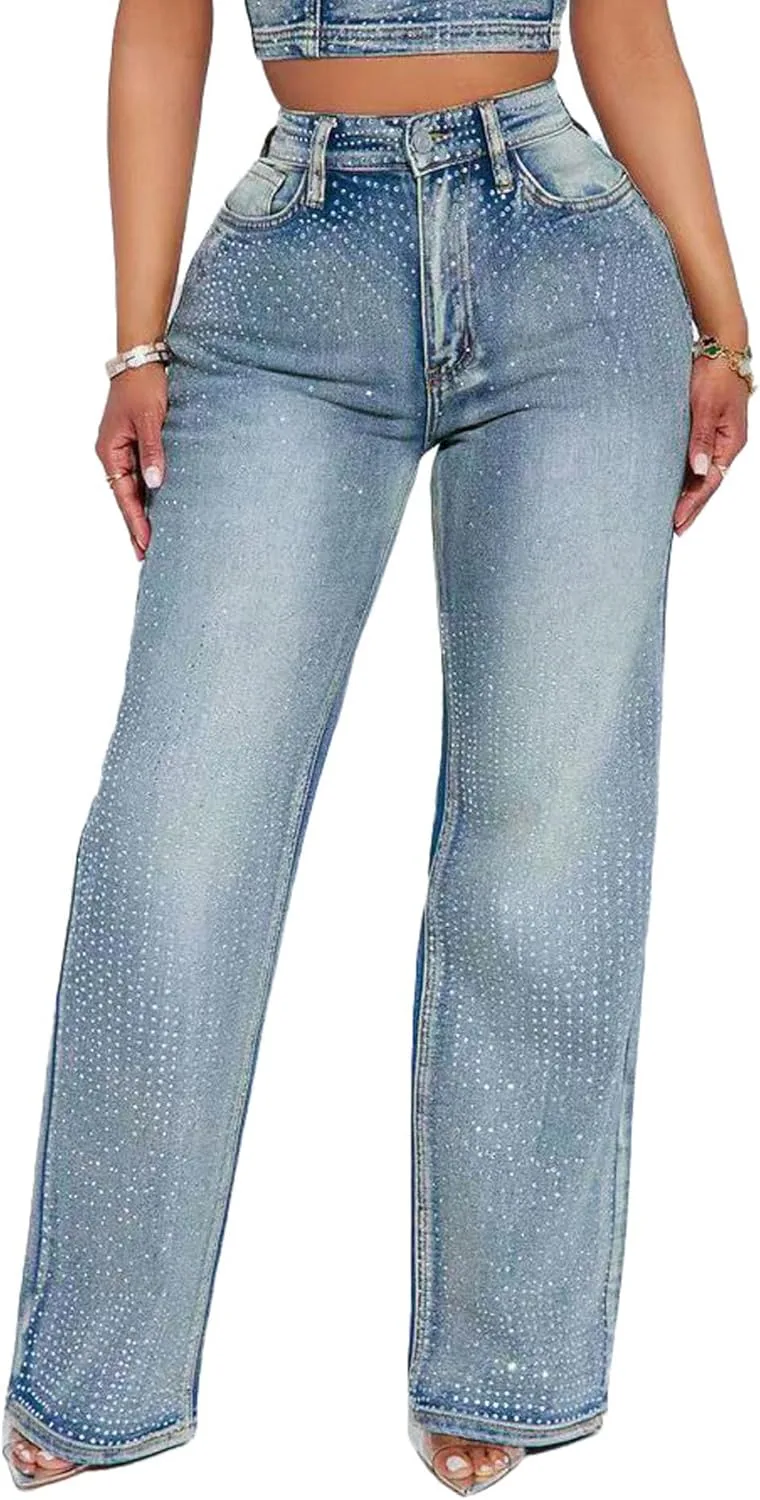 

Raboolion женские джинсы с блестками и стразами, высокие, прямые, с карманами