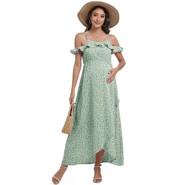 

Платье для беременных без рукавов с цветочным принтом и оборками, на тонких бретелях, с V-образным вырезом, А-силуэта, струящееся, для кормления грудью. Kojooin, Green