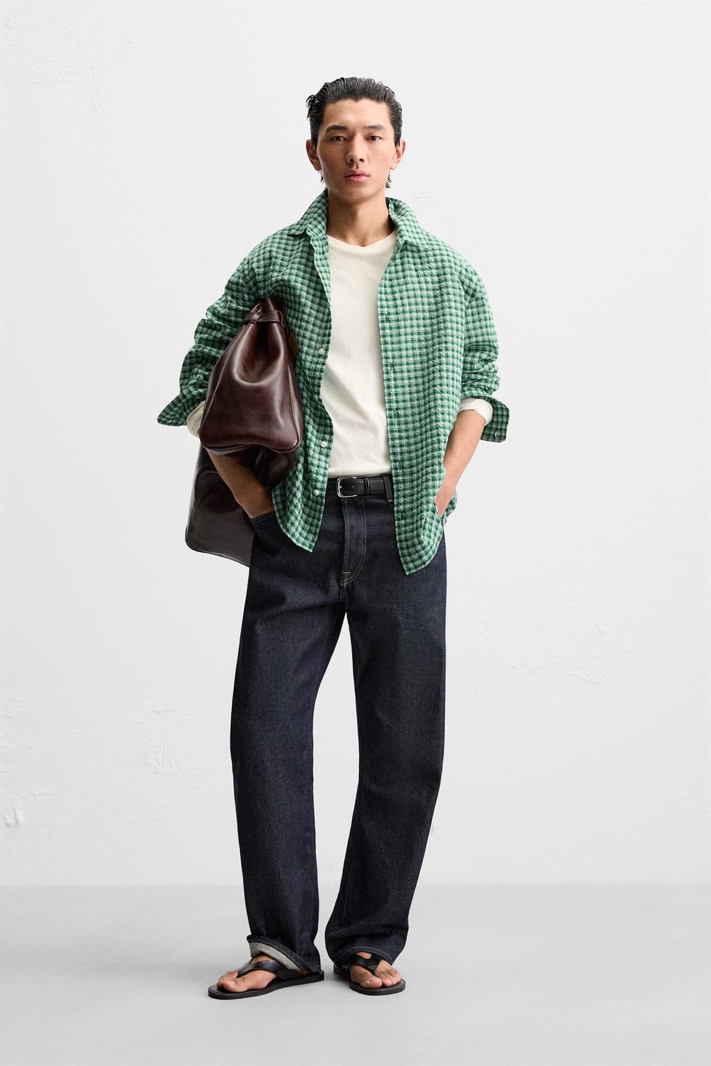 

Рубашка в текстурированную клетку ZARA, цвет Green/Ecru