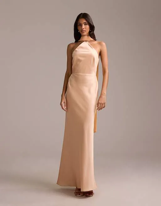 

Абрикосовое атласное платье макси с вырезом бретельками и шарфом для подружек невесты ASOS DESIGN