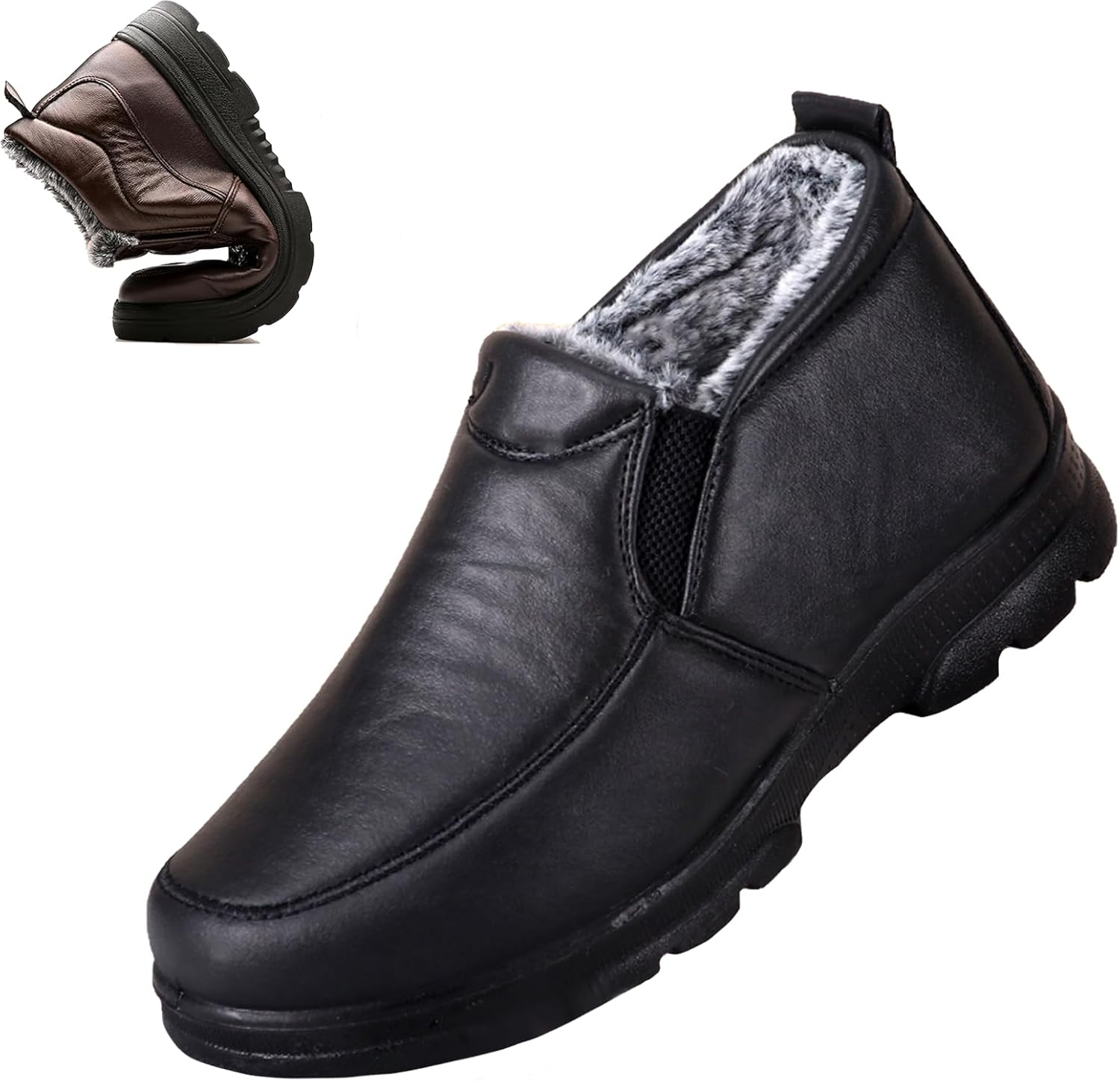 

Мужские зимние снегоходные сапоги из кожи с теплой меховой подкладкой, уличные, противоскользящие, удобные, на средний возраст и пожилых, легкие, повседневные лоферы для прогулок Generic, черный