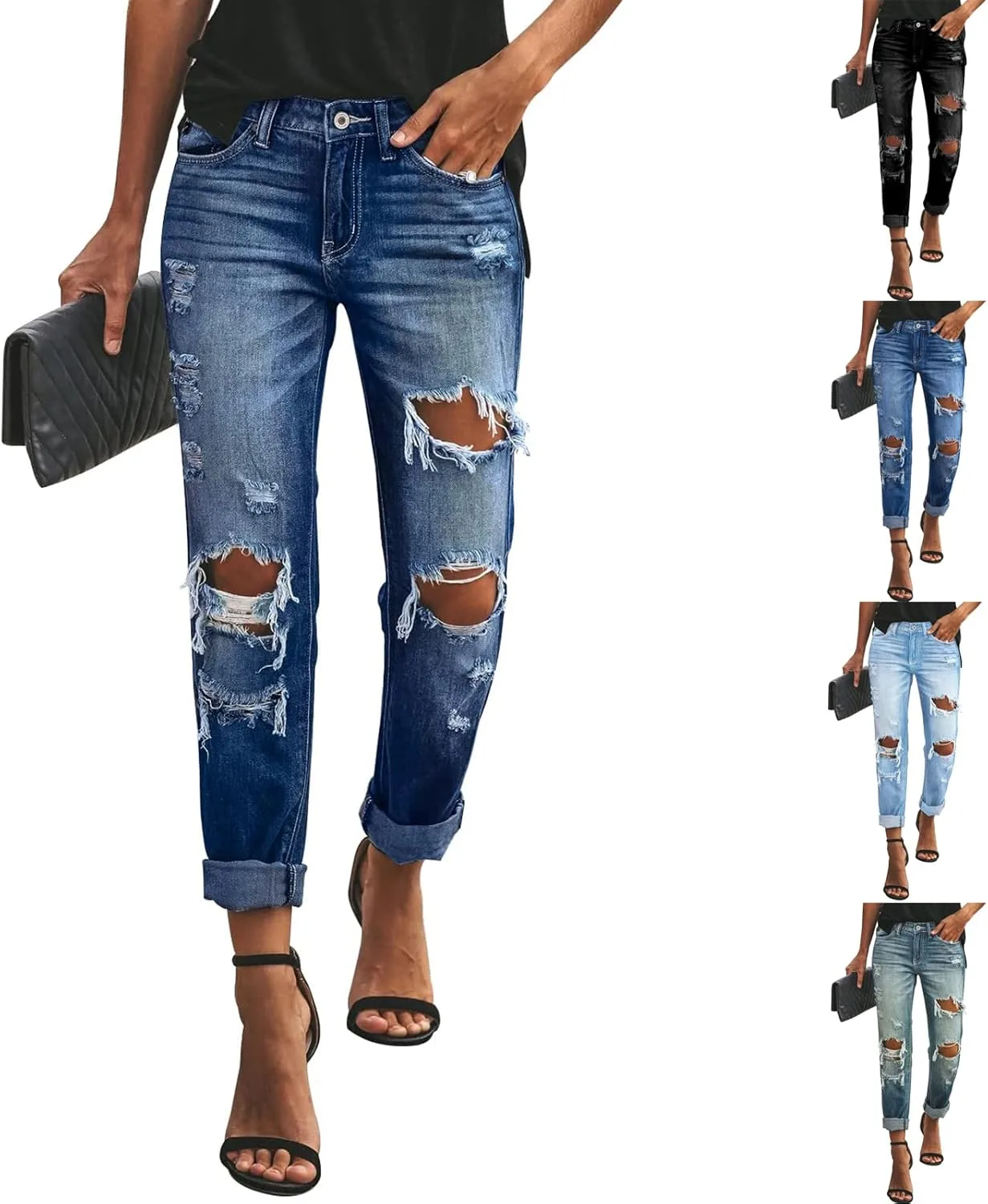 

Женские рваные джинсы с высокой талией и эффектом стройняшки