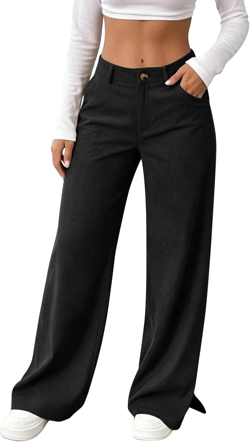 Женские брюки из вельвета Casual Mid Rise Baggy Pant с прямой штаниной и эластичным поясом на осень с карманами Generic, черный
