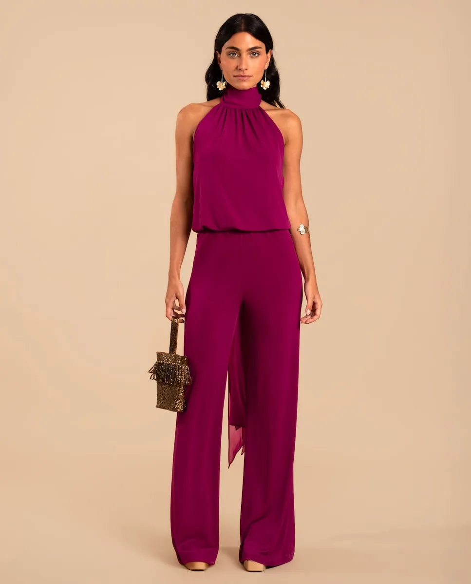 

Длинный трикотажный комбинезон с воротником-халтер и широкими штанинами The-Are, малиновый